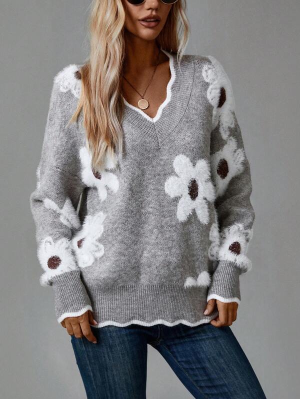 Thea™ | Elegant V-Neck Floral Sweater