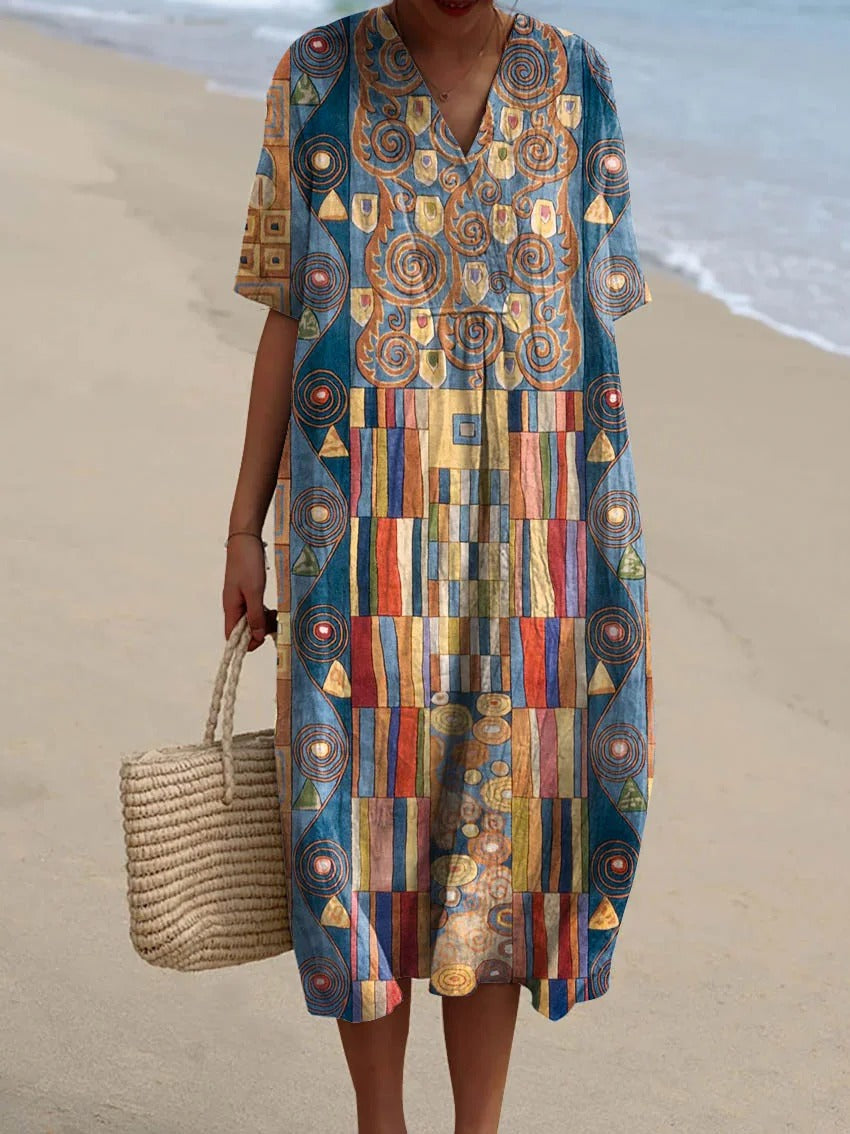 Women's Abstract Geometric Pattern Art Print Sleeveless Cotton Pocket Wrap Dress