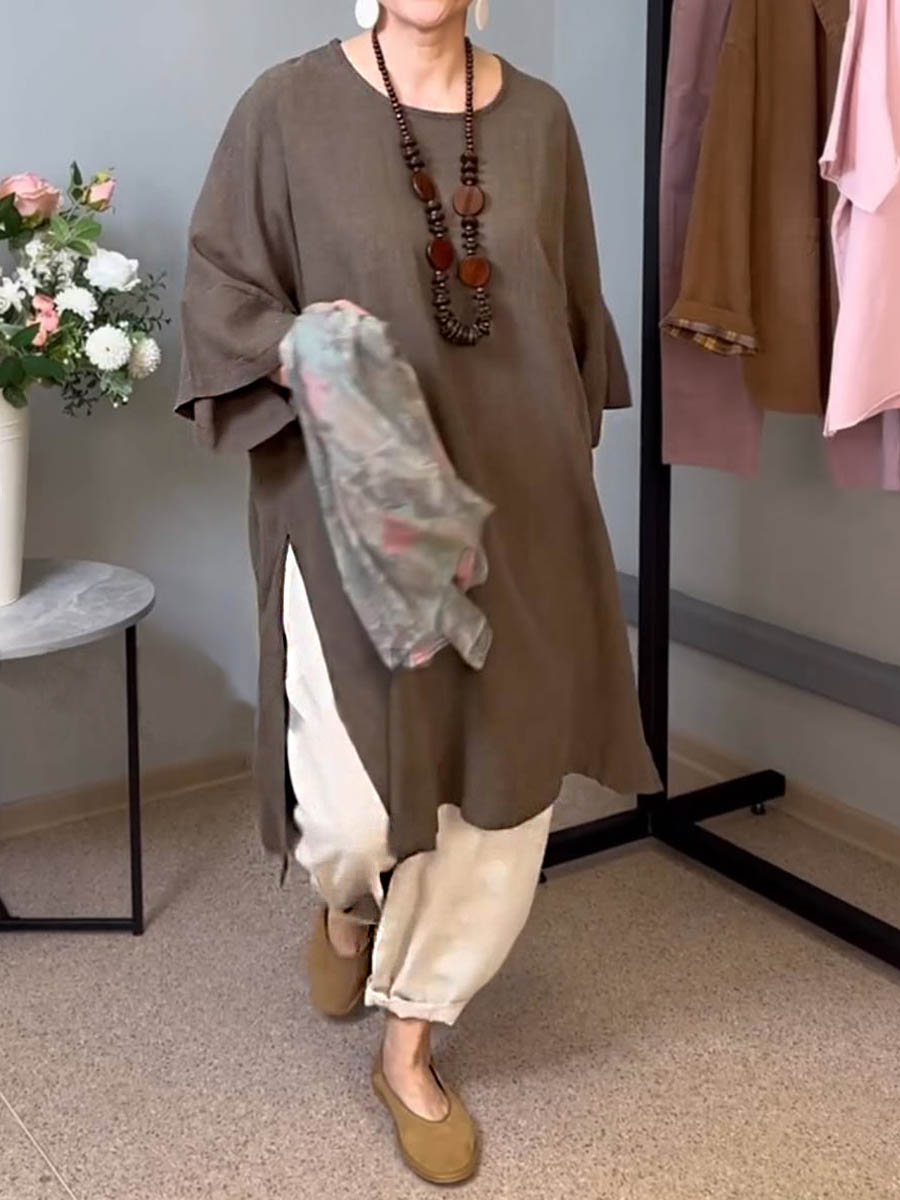 Liora™ | Linen Blend Casual Top – Women’s Solid Color Round Neck 3/4 Sleeve