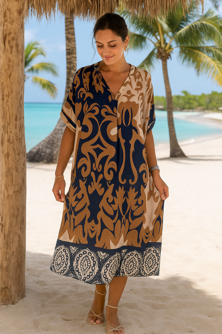 Serelina™ | V-Neck Loose Printed Midi Dress – Effortless Sophistication