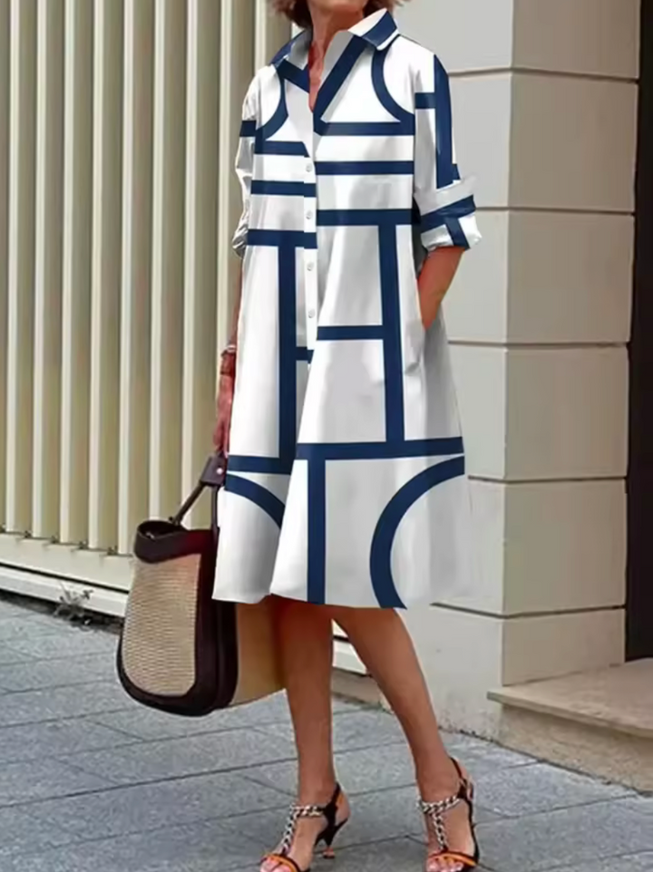 Celeste™ | Stylish Blue Geometric Stripe Midi Dress