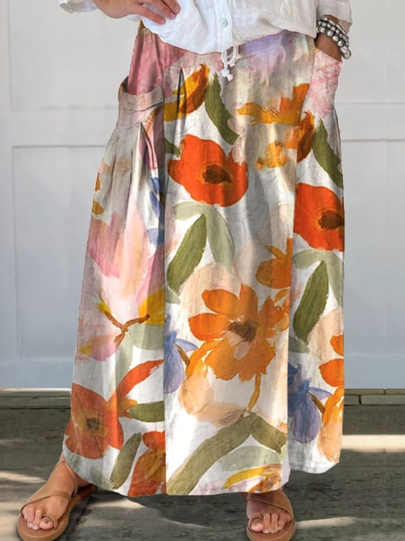 Clarisse™ | Vintage Bloom Linen Pocket Skirt