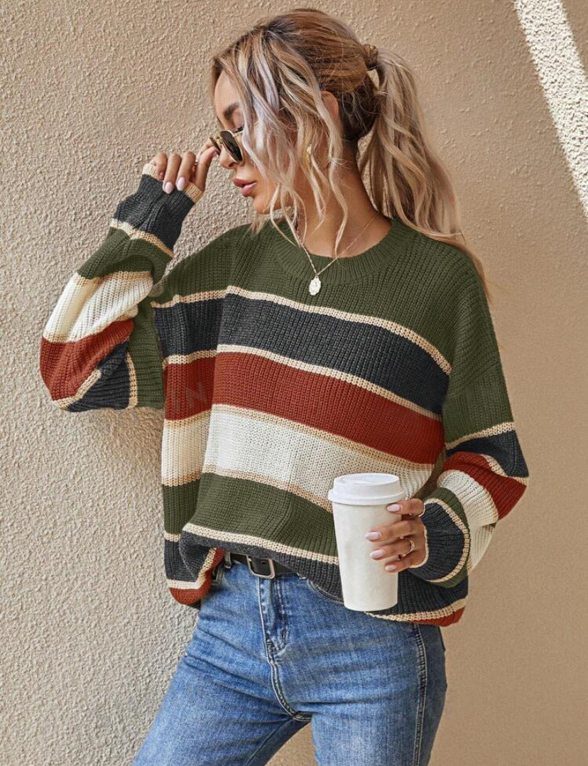 Somin™ | Comfy Striped Long Sleeve Round Neck Sweater