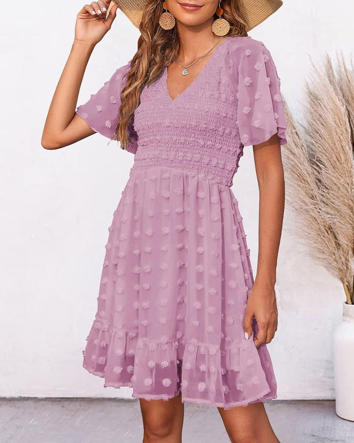 SUZANNE™ - Elegant Smocked Swiss Dot Mini Dress