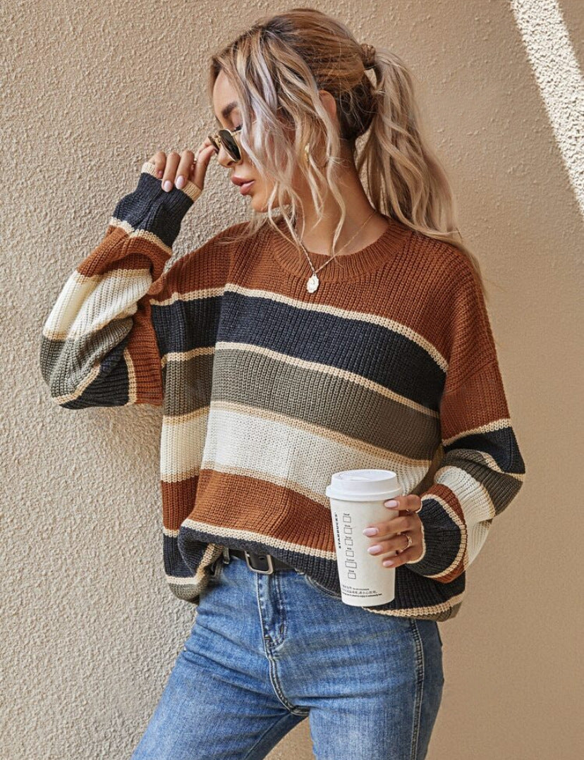 Somin™ | Comfy Striped Long Sleeve Round Neck Sweater
