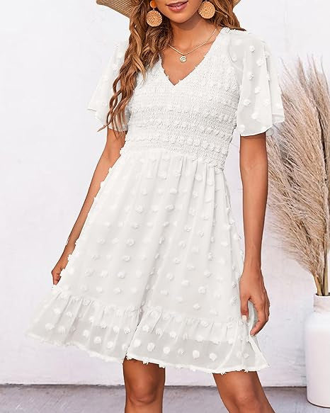 SUZANNE™ - Elegant Smocked Swiss Dot Mini Dress