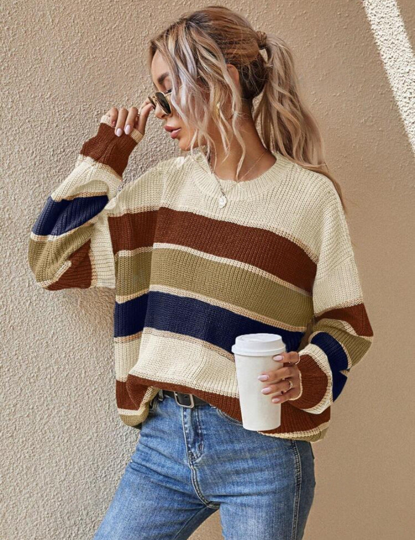 Somin™ | Comfy Striped Long Sleeve Round Neck Sweater