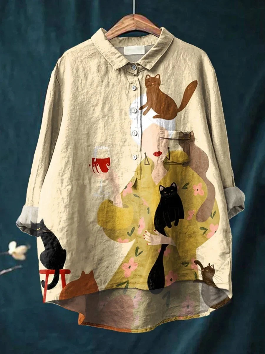 Sofia® | Blouse with Cat and Flower Print