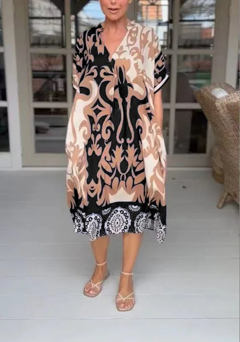Serelina™ | V-Neck Loose Printed Midi Dress – Effortless Sophistication