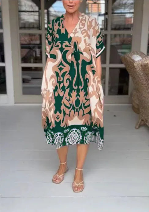 Serelina™ | V-Neck Loose Printed Midi Dress – Effortless Sophistication