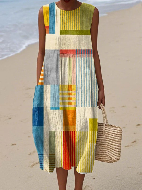 Maya™ | Women's Abstract Geometric Pattern Art Print Sleeveless Pocket Wrap Dress