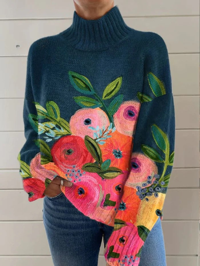 Calverra™ | Retro Flower Print Knit Turtleneck Pullover Sweater