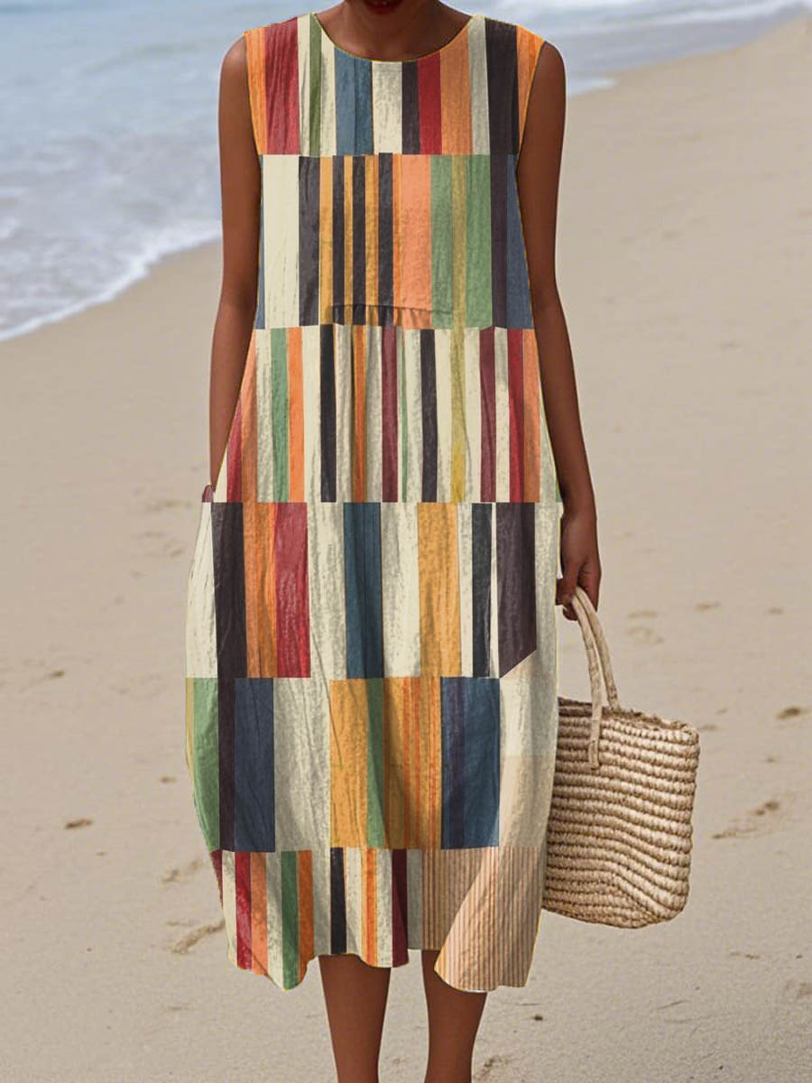 Women's Abstract Geometric Pattern Art Print Sleeveless Cotton Pocket Wrap Dress