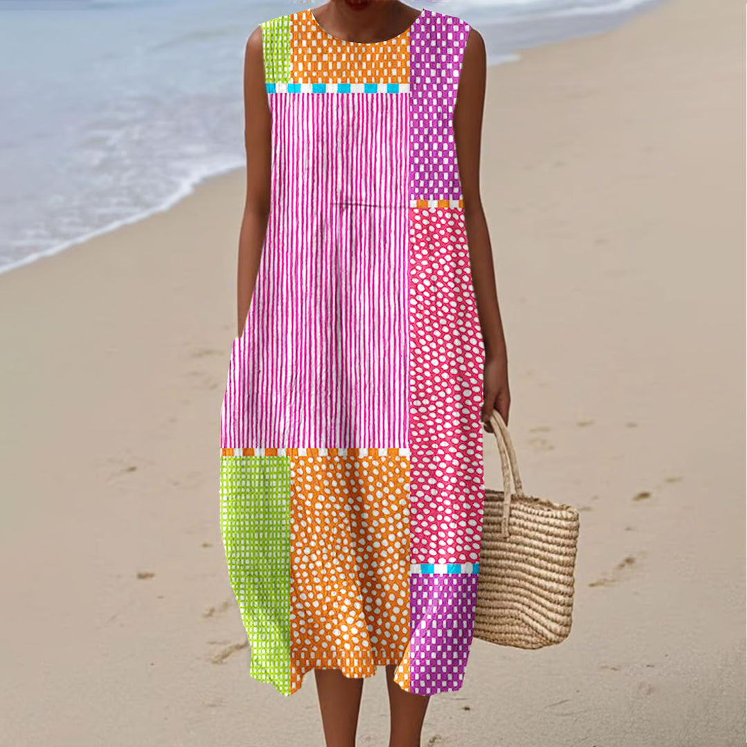 Women's Vintage Abstract Geometric Lines Art Print Sleeveless Cotton Pocket Wrap Dress