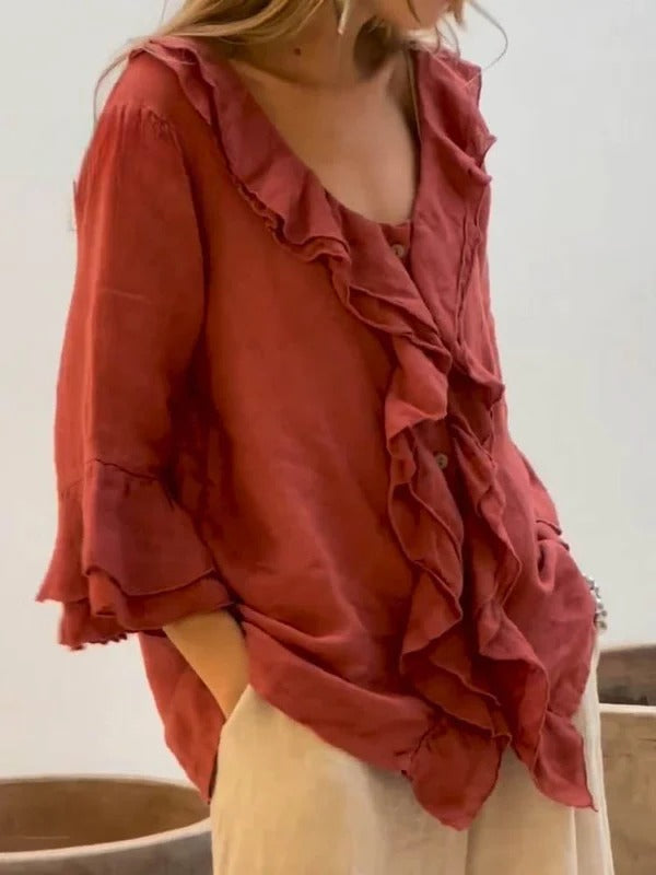 Ruffelia™ | Cotton Ruffle ¾ Sleeve Shirt