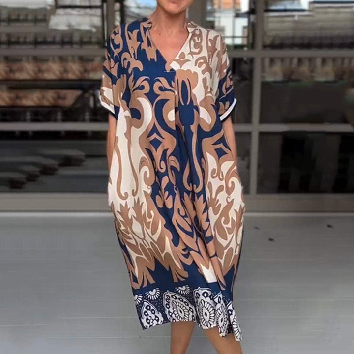 Serelina™ | V-Neck Loose Printed Midi Dress – Effortless Sophistication
