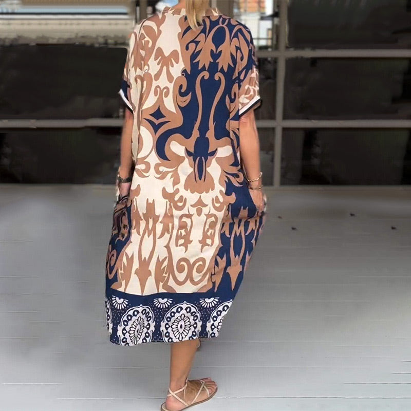 Serelina™ | V-Neck Loose Printed Midi Dress – Effortless Sophistication