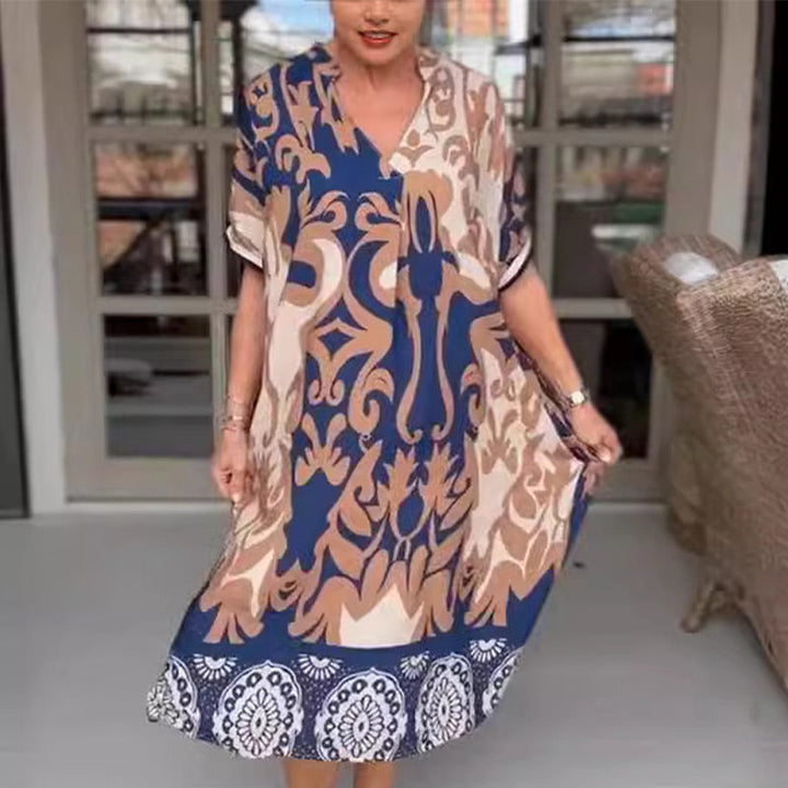 Serelina™ | V-Neck Loose Printed Midi Dress – Effortless Sophistication