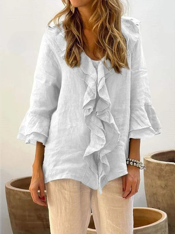 Ruffelia™ | Cotton Ruffle ¾ Sleeve Shirt