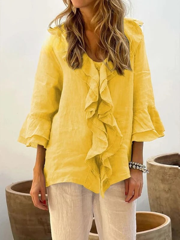 Ruffelia™ | Cotton Ruffle ¾ Sleeve Shirt