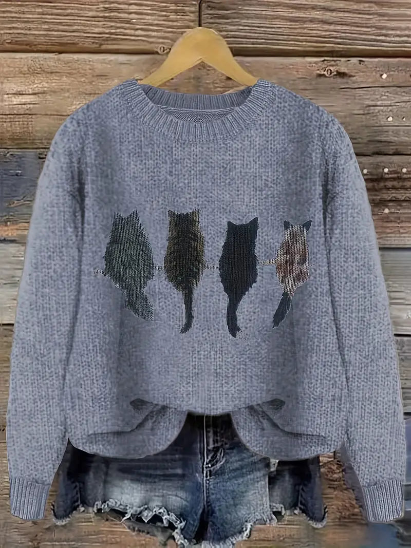Urvela™ | Cat Print Long Sleeve Sweater