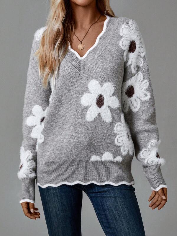 Thea™ | Elegant V-Neck Floral Sweater
