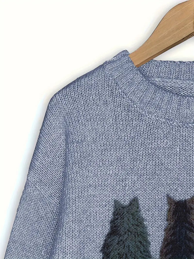 Urvela™ | Cat Print Long Sleeve Sweater