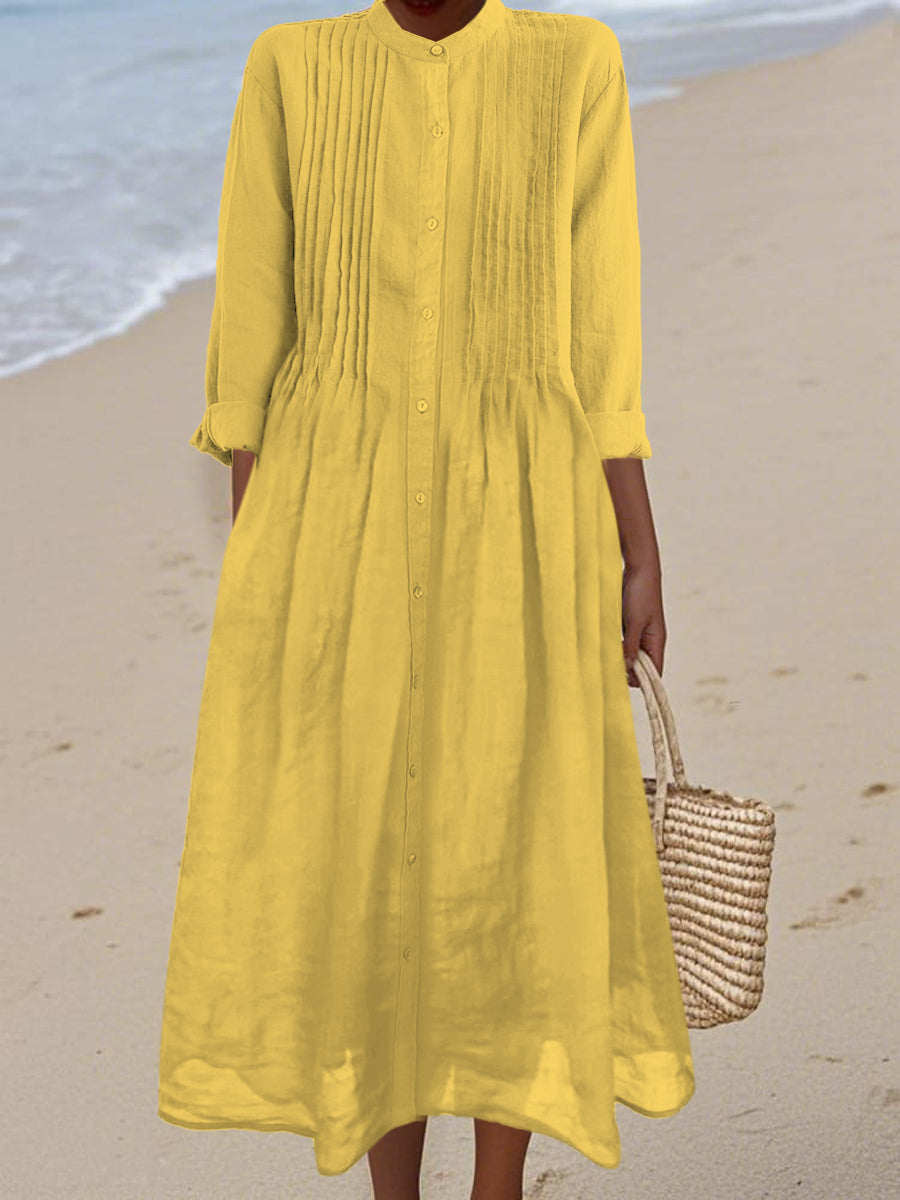 Women's Pleated Cotton and Ramie Long-sleeved Dress
