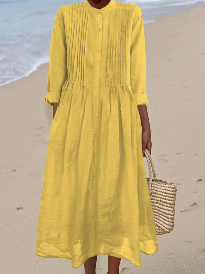 Women's Pleated Cotton and Ramie Long-sleeved Dress