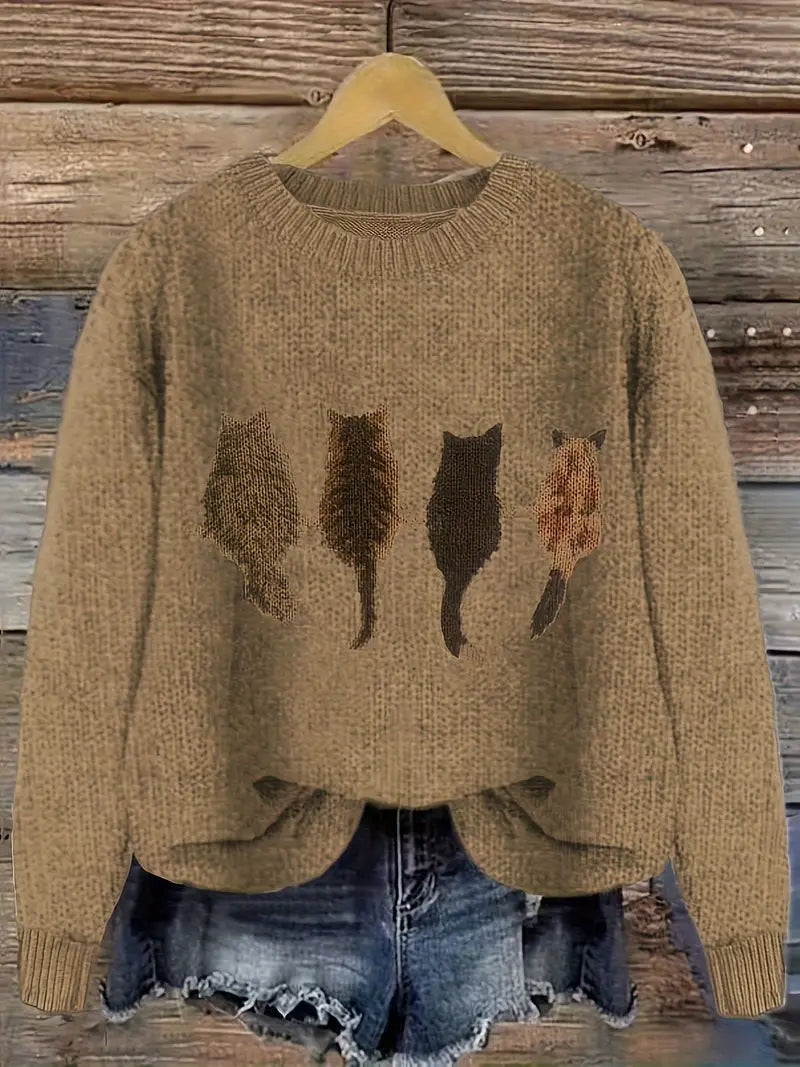 Urvela™ | Cat Print Long Sleeve Sweater