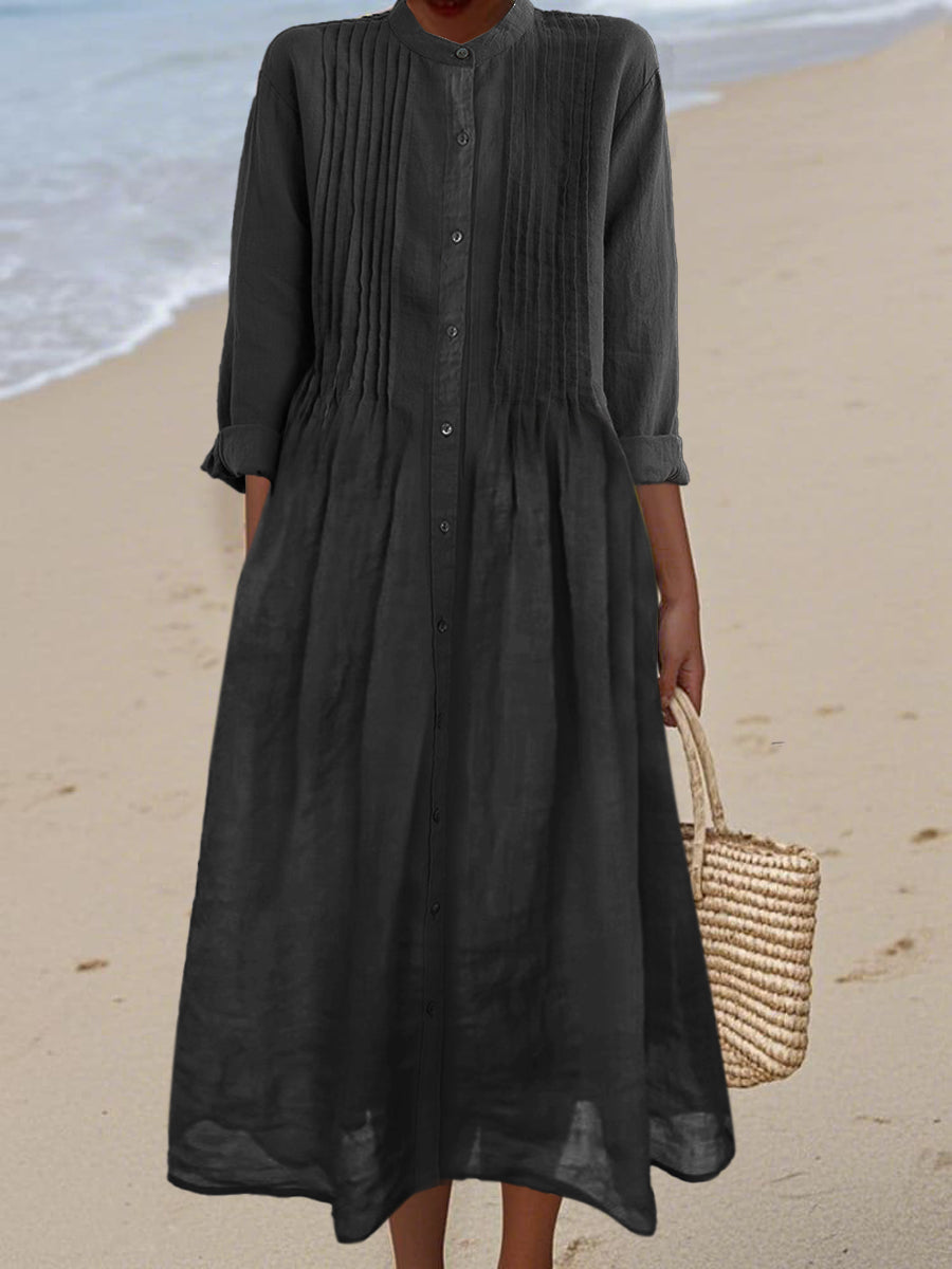 Women's Pleated Cotton and Ramie Long-sleeved Dress