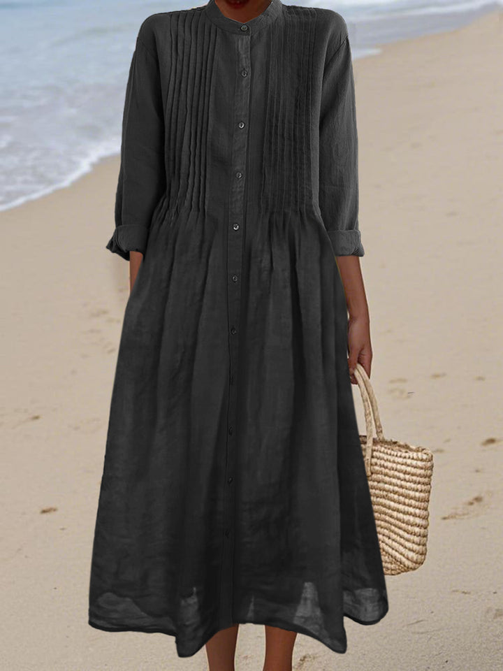 Women's Pleated Cotton and Ramie Long-sleeved Dress