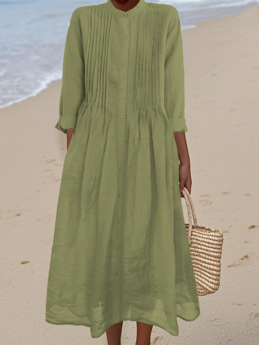 Women's Pleated Cotton and Ramie Long-sleeved Dress