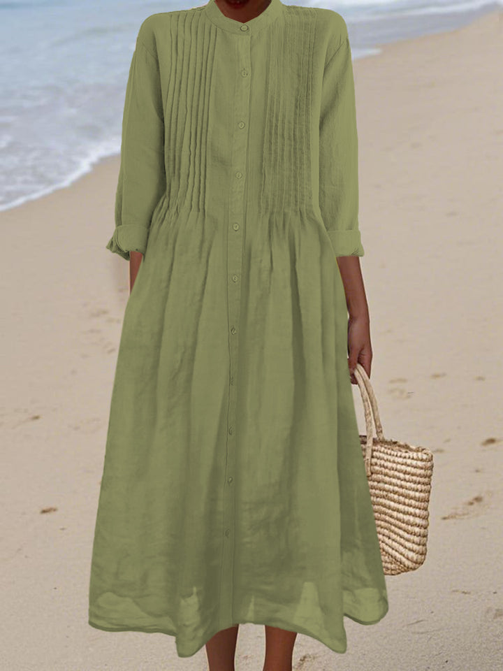 Women's Pleated Cotton and Ramie Long-sleeved Dress