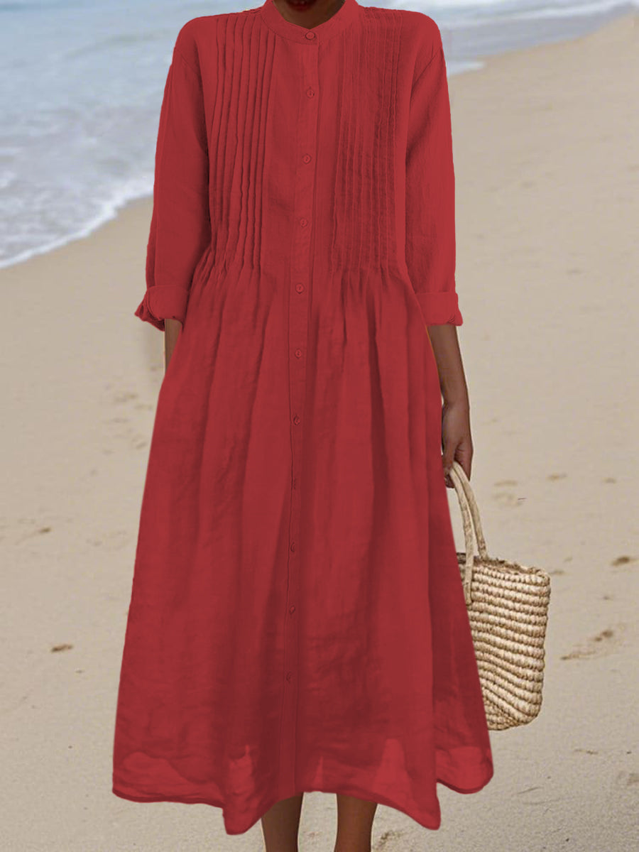 Women's Pleated Cotton and Ramie Long-sleeved Dress