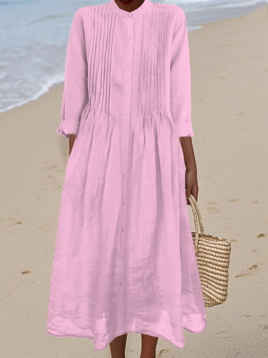 Women's Pleated Cotton and Ramie Long-sleeved Dress