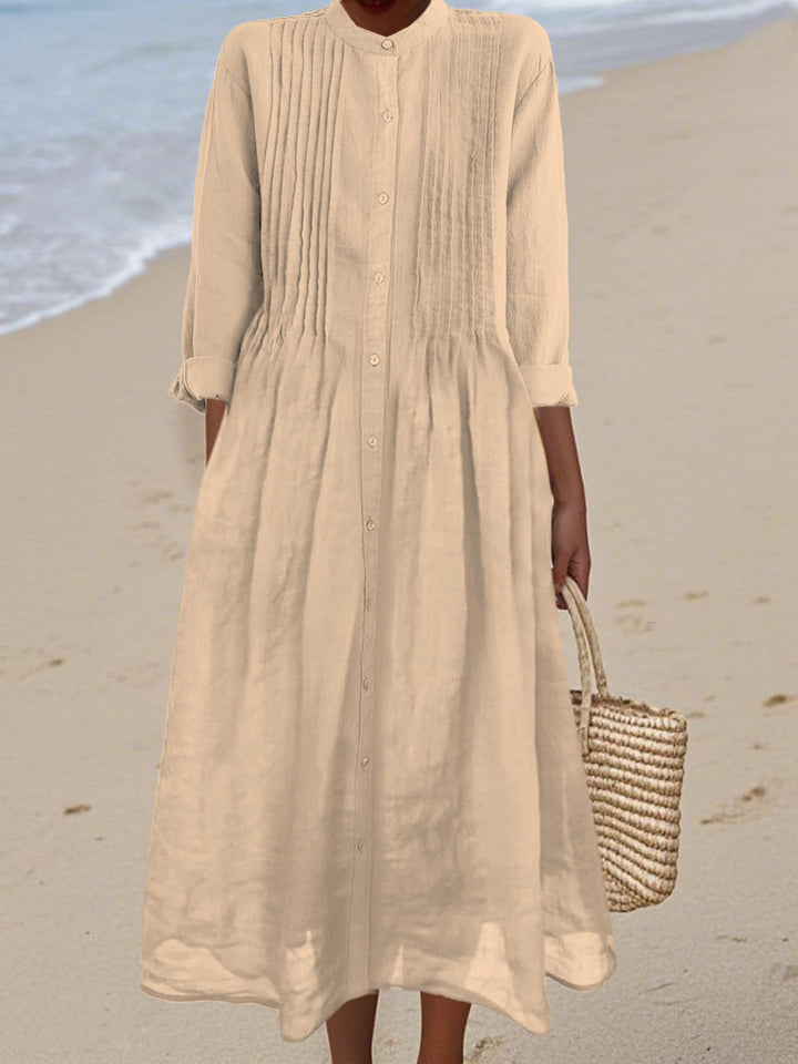 Women's Pleated Cotton and Ramie Long-sleeved Dress