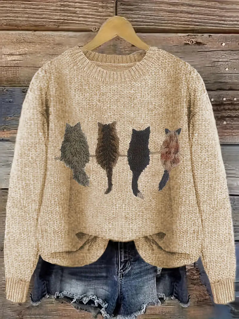 Urvela™ | Cat Print Long Sleeve Sweater