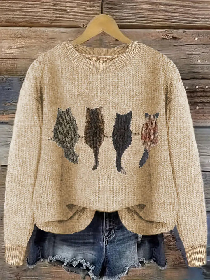 Urvela™ | Cat Print Long Sleeve Sweater