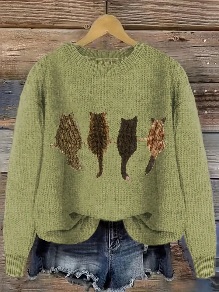Urvela™ | Cat Print Long Sleeve Sweater