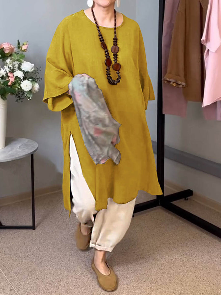 Liora™ | Linen Blend Casual Top – Women’s Solid Color Round Neck 3/4 Sleeve