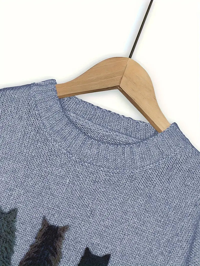 Urvela™ | Cat Print Long Sleeve Sweater