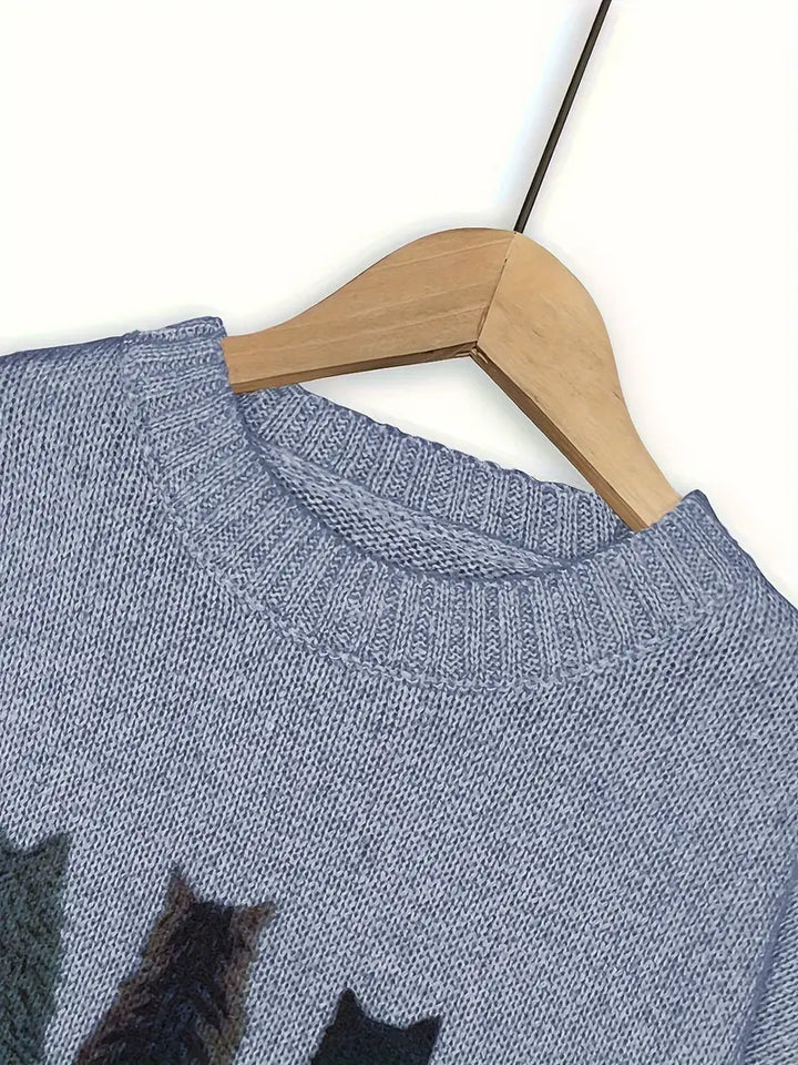 Urvela™ | Cat Print Long Sleeve Sweater