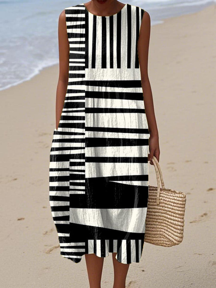 Women's Abstract Geometric Pattern Art Print Sleeveless Cotton Pocket Wrap Dress