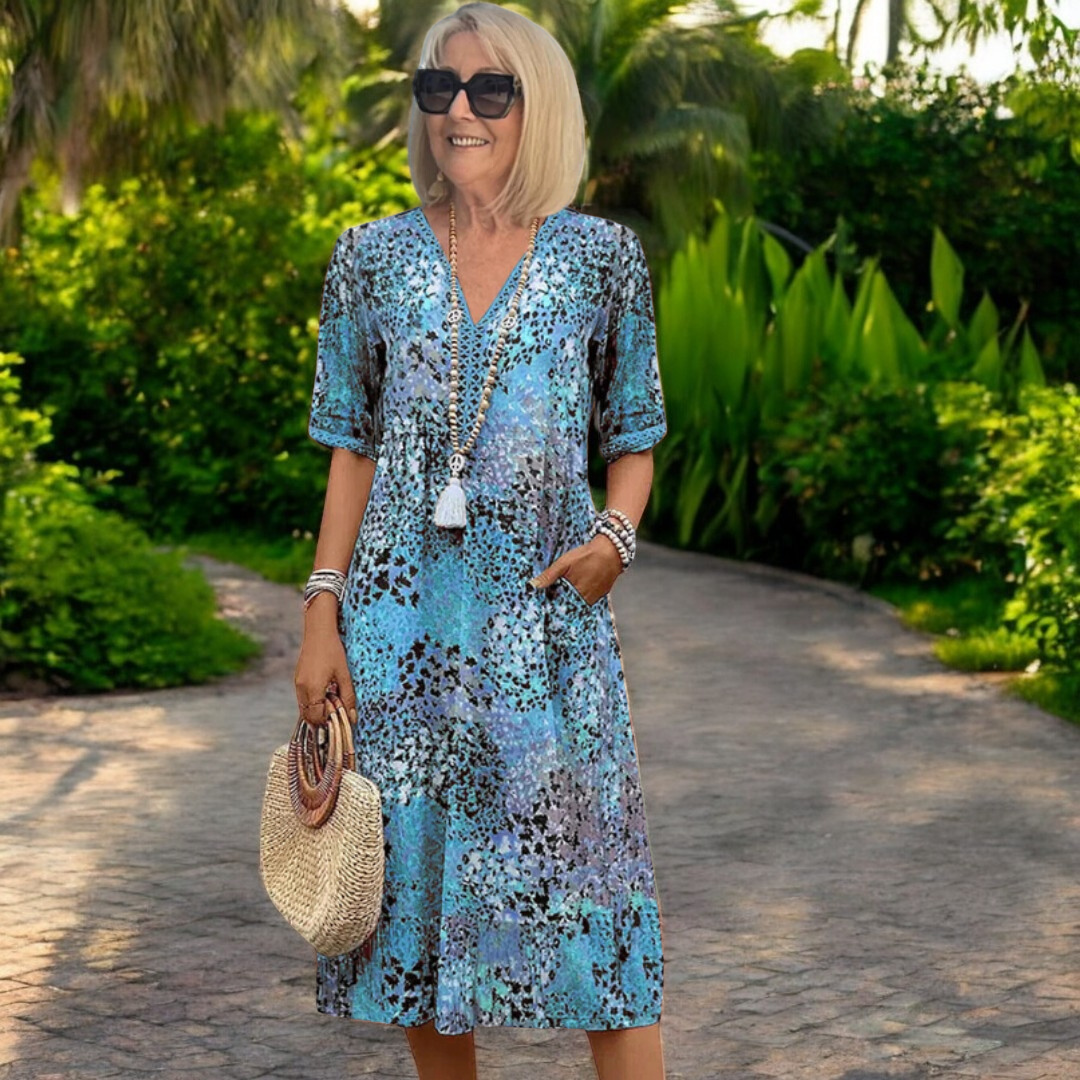 Elara™ | Printed V-Neck Midi Dress