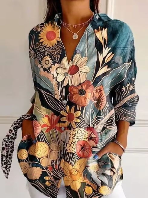 Elowen™ | Vintage Floral Cotton-Linen Shirt