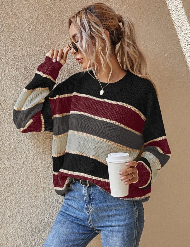 Somin™ | Comfy Striped Long Sleeve Round Neck Sweater