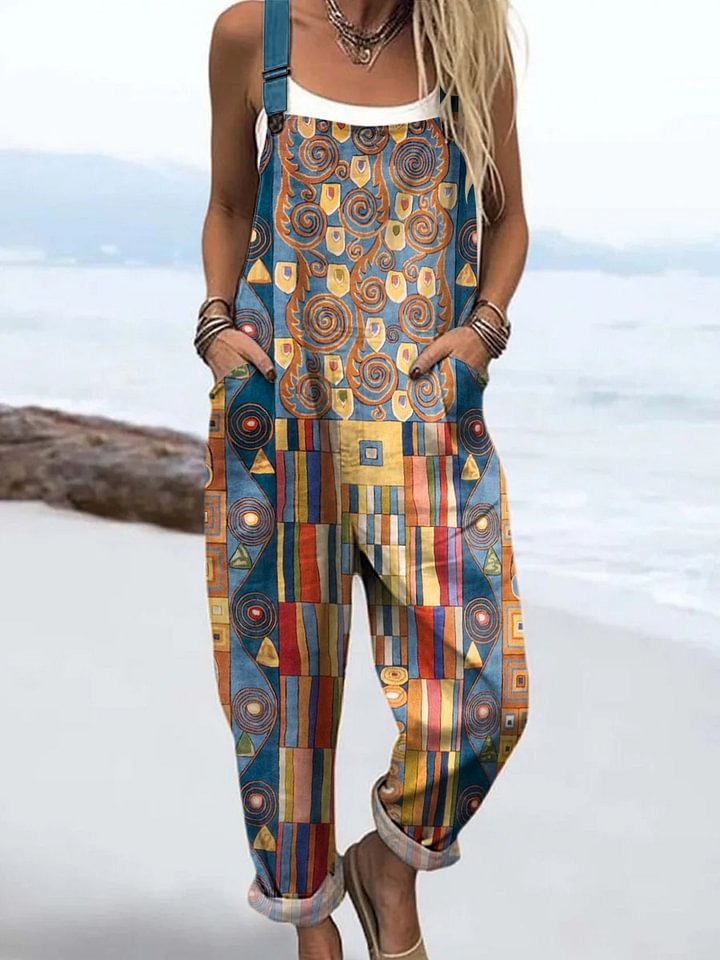 Women's Abstract Geometric Pattern Art Print Sleeveless Cotton Pocket Wrap Dress