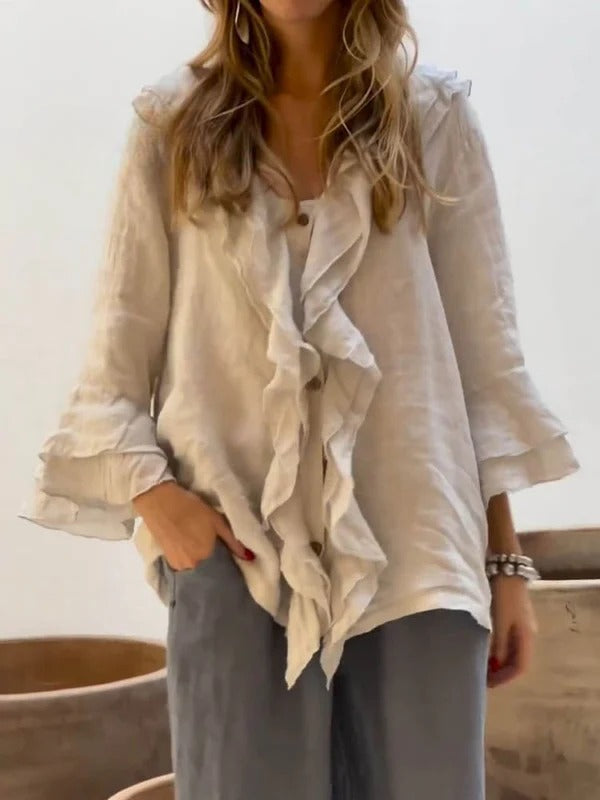 Ruffelia™ | Cotton Ruffle ¾ Sleeve Shirt