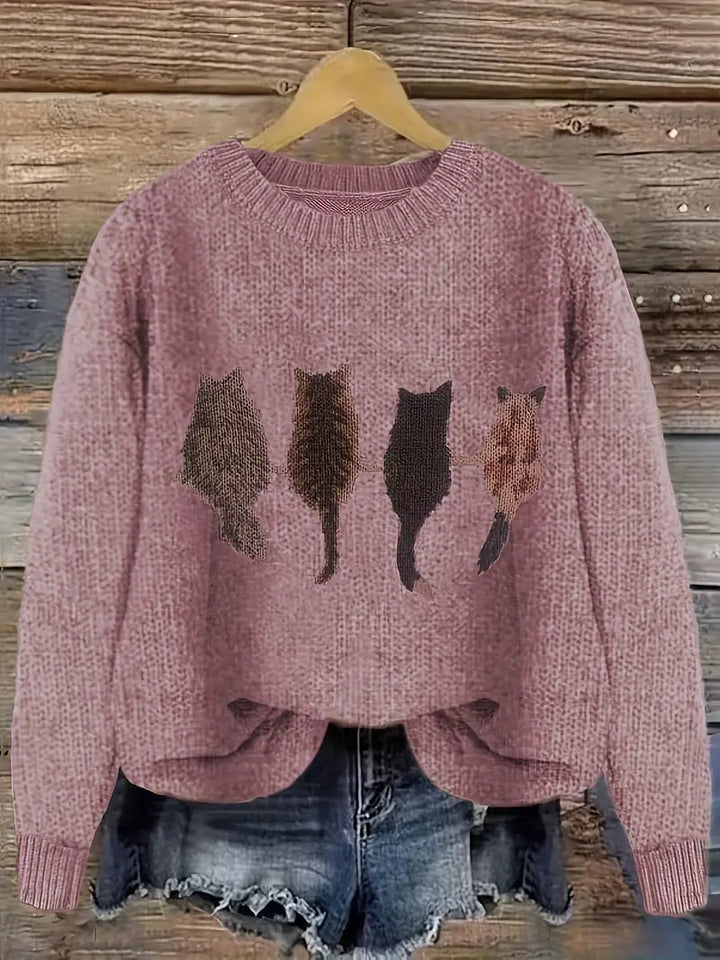 Urvela™ | Cat Print Long Sleeve Sweater